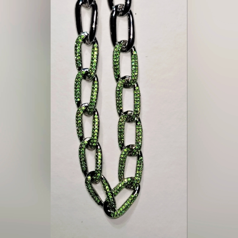 Neon Green Austrian Crystal  Paper Clip Link Necklace